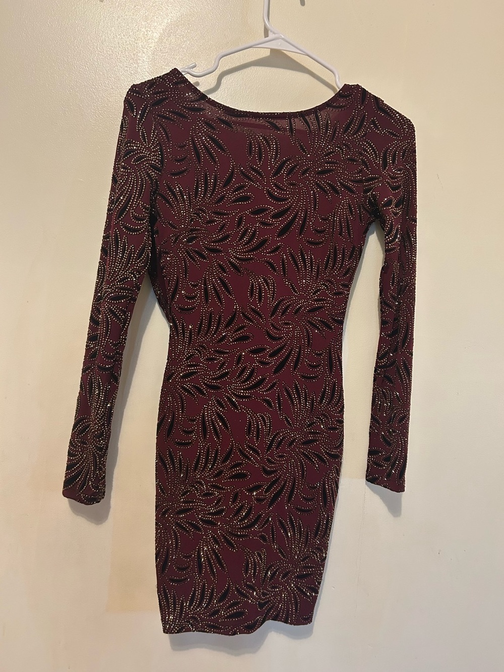 Long Sleeve Burgundy Embellished Bodycon Dress Sz XS with Cowl back detail